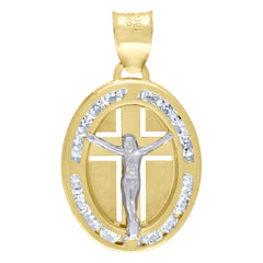 10kt Two-Tone Gold Unisex Cubic Zirconia Cubic-Zirconia Crucifix Cross Religious Oval Charm Pendant