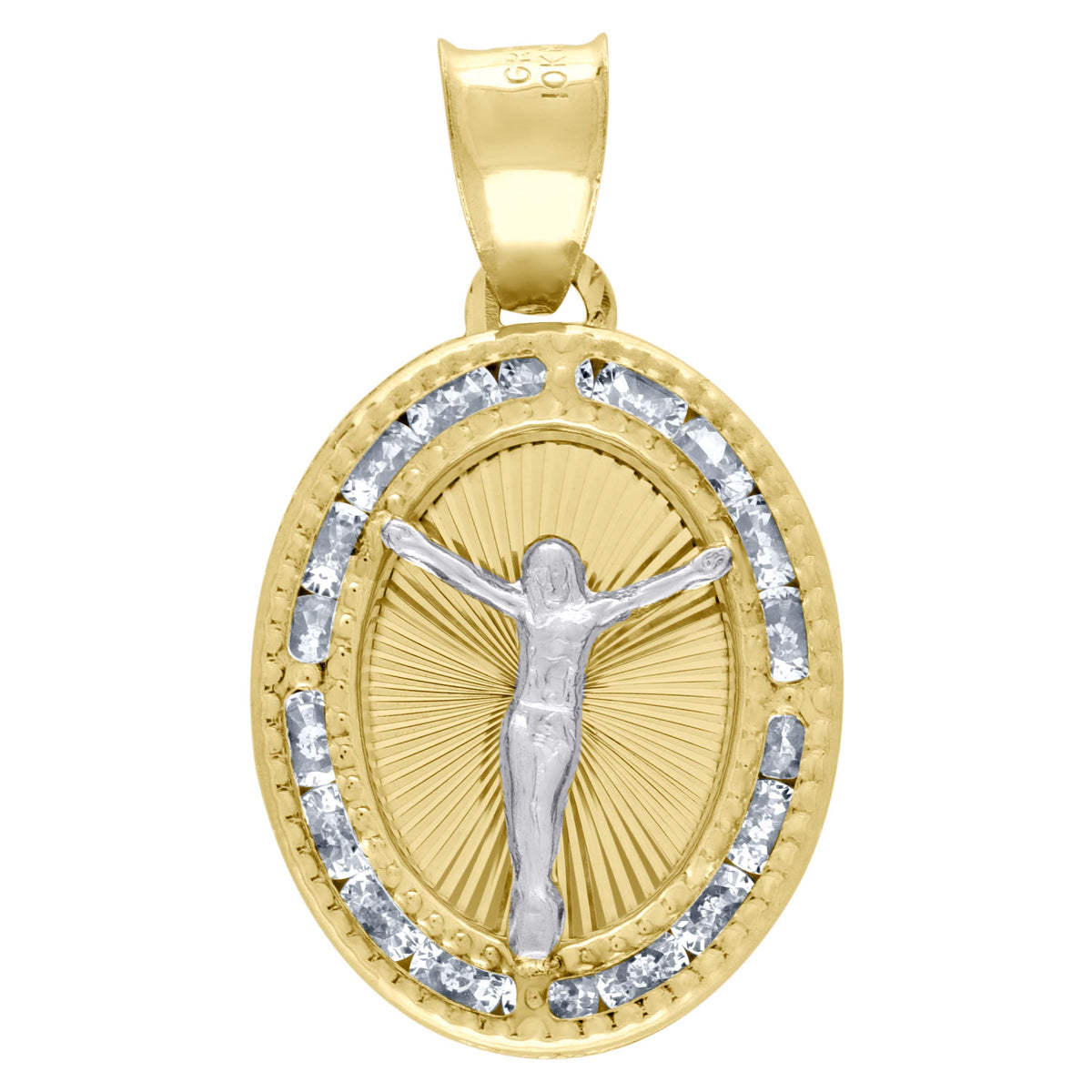 10kt Two-Tone Gold Unisex Cubic Zirconia Cubic-Zirconia Crucifix Religious Oval Charm Pendant