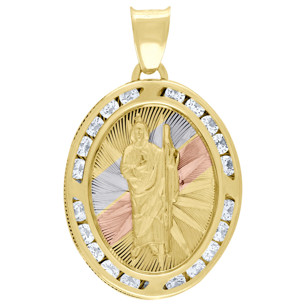 10kt Tri-Color Gold Unisex Cubic Zirconia Cubic-Zirconia Saint John Baptist Religious Oval Charm Pendant