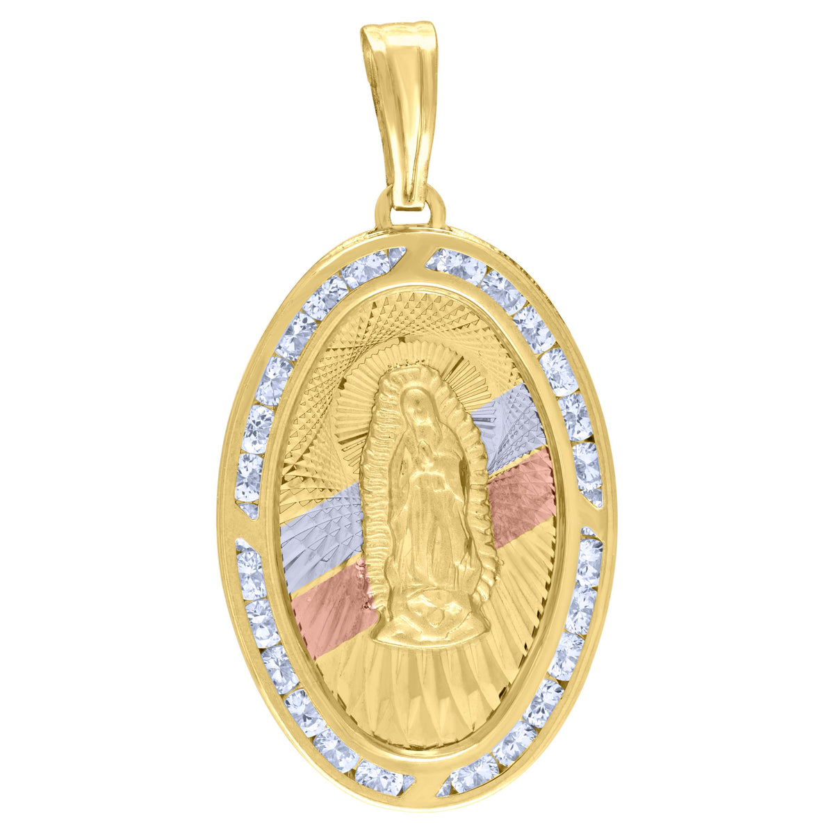 10kt Tri-Tone Gold Unisex Cubic Zirconia Cubic-Zirconia Diamond-Cut Lady Of Guadalupe Religious Pendant