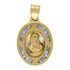 14Kt Tri-Color Gold Unisex Cz Textured Religious Oval Jesus Medal Charm Pendant