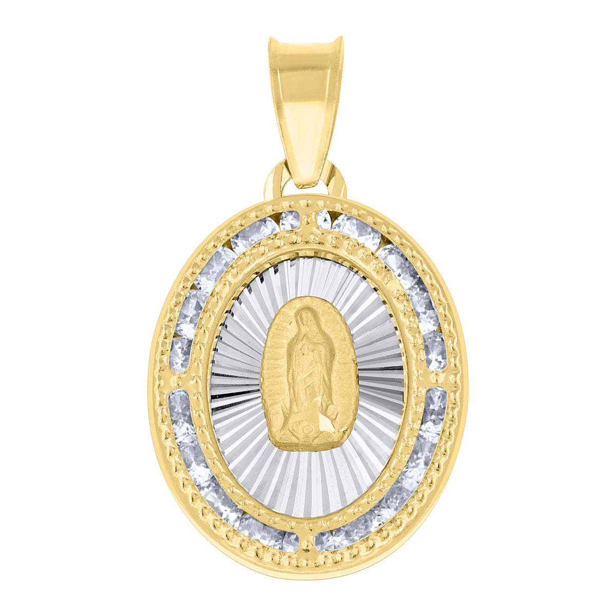 14Kt Yellow Gold Unisex Cz Textured Lady Of Guadalupe Religious Oval Charm Pendant