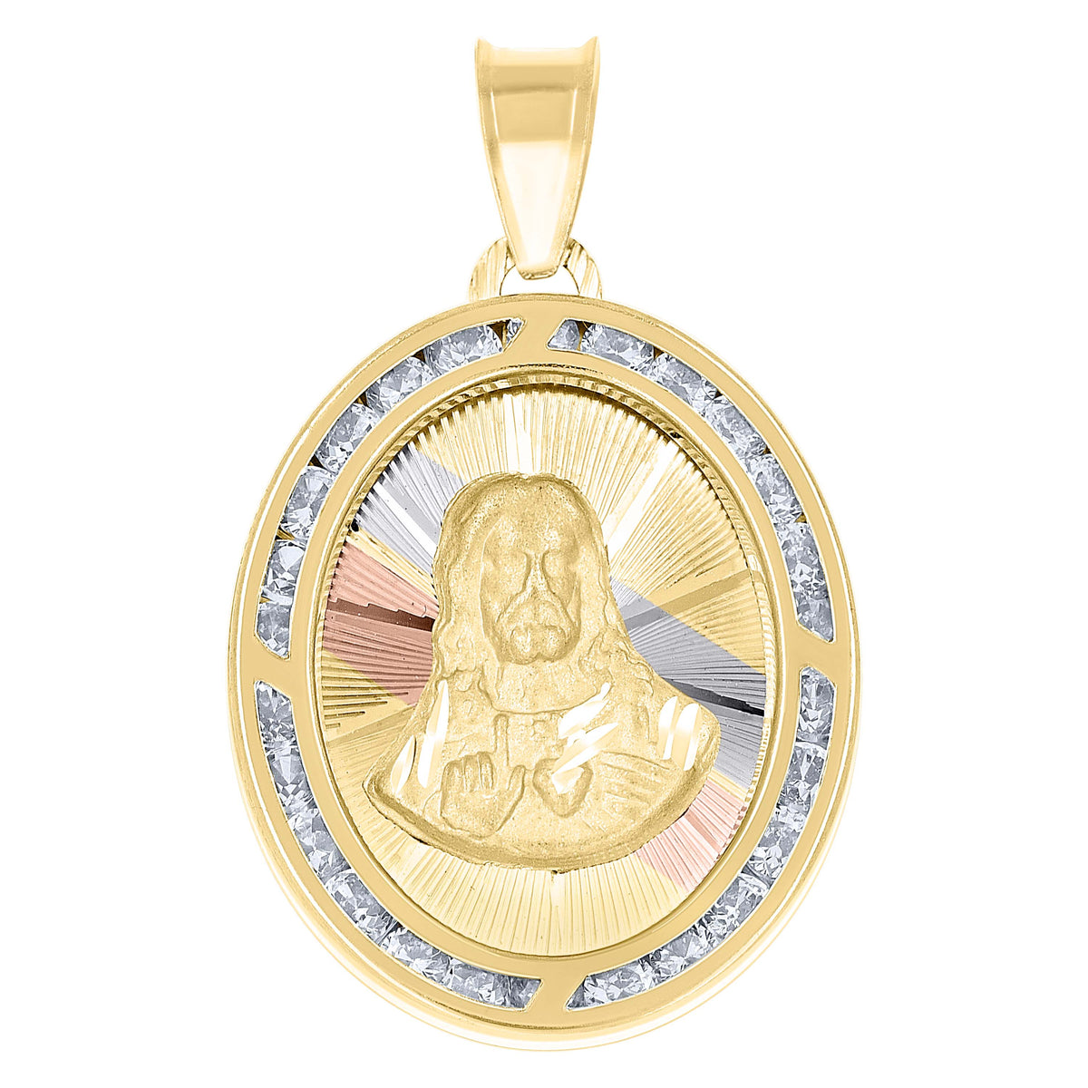14Kt Tri-Color Gold Unisex Cz Religious Oval Charm Pendant