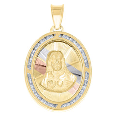 14Kt Tri-Color Gold Unisex Cz Religious Oval Charm Pendant