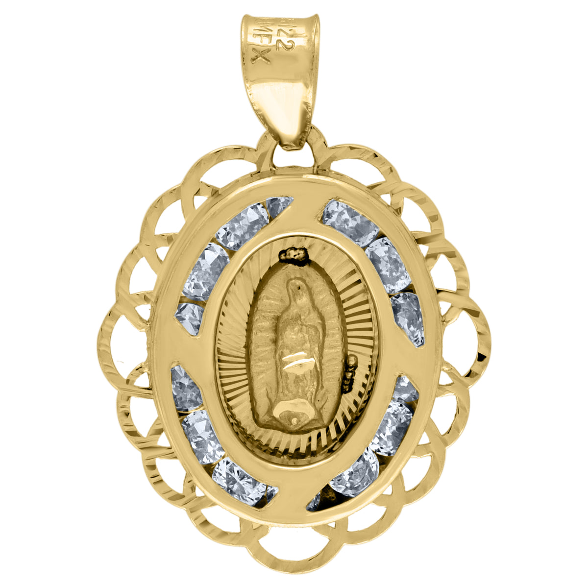 14Kt Yellow Gold Unisex Cz Textured Lady Of Guadalupe Religious Oval Charm Pendant