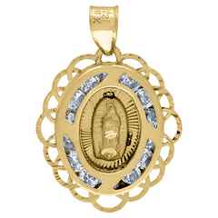 14Kt Yellow Gold Unisex Cz Textured Lady Of Guadalupe Religious Oval Charm Pendant