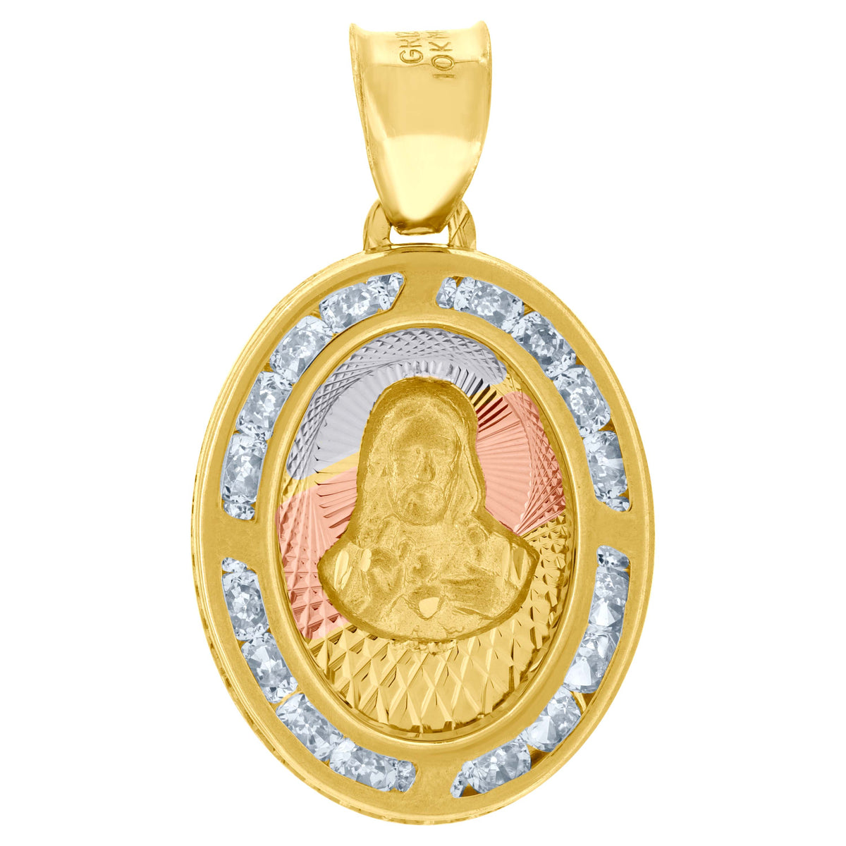 10kt Tri-Color Gold Unisex Cubic-Zirconia Textured Sacred Heart Of Jesus Religious Oval Charm Pendant
