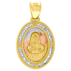 10kt Tri-Color Gold Unisex Cubic-Zirconia Textured Sacred Heart Of Jesus Religious Oval Charm Pendant