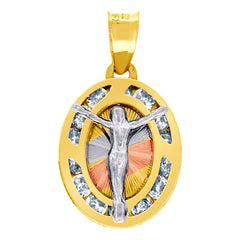 10kt Tri-Color Gold Unisex Cubic-Zirconia Textured Crucifix Religious Oval Charm Pendant