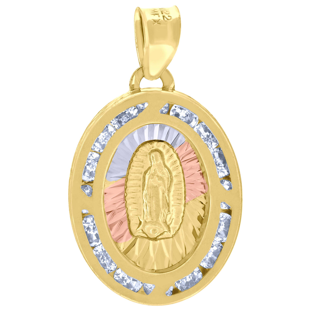10kt Tri-Color Gold Unisex Cubic-Zirconia Diamond-Cut Lady Of Guadalupe Religious Oval Charm Pendant