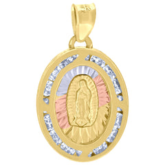 10kt Tri-Color Gold Unisex Cubic-Zirconia Diamond-Cut Lady Of Guadalupe Religious Oval Charm Pendant