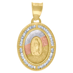 10kt Tri-Color Gold Unisex Cubic-Zirconia Greek Textured Lady Of Guadalupe Religious Oval Charm Pendant