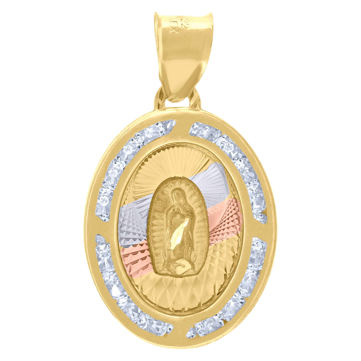 10kt Tri-Color Gold Unisex Cubic-Zirconia Textured Lady Of Guadalupe Religious Oval Charm Pendant