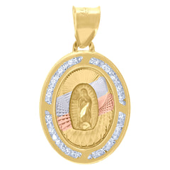 10kt Tri-Color Gold Unisex Cubic-Zirconia Textured Lady Of Guadalupe Religious Oval Charm Pendant
