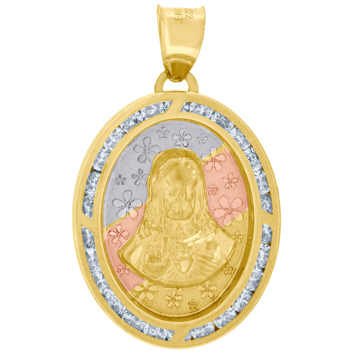 10kt Tri-Color Gold Unisex Cubic Zirconia Diamond-Cut Jesus Face Religious Charm Pendant