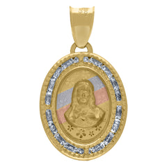 14Kt Tri-Color Gold Unisex Cz Floral Textured Sacred Heart Of Jesus Religious Oval Charm Pendant