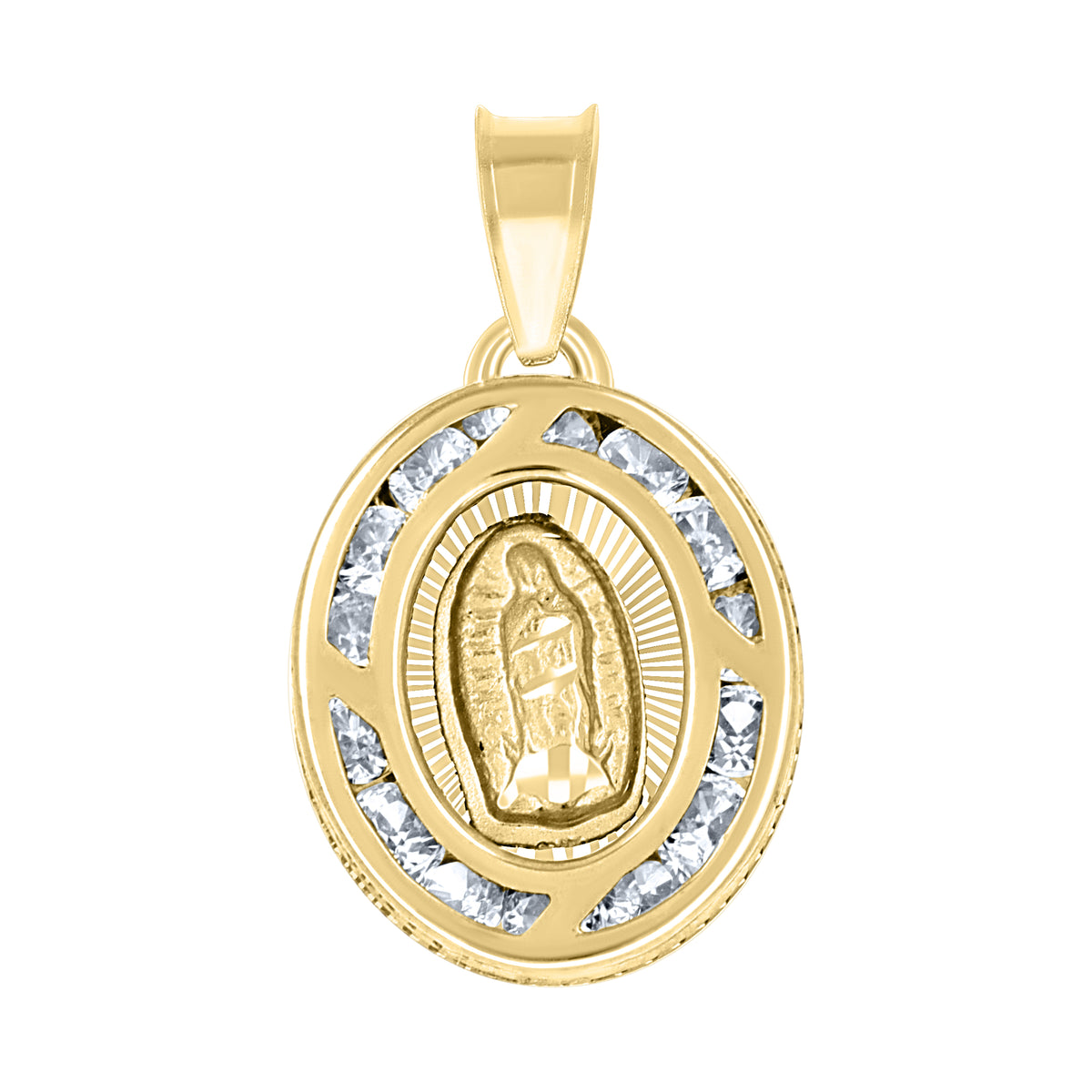14Kt Two-Tone Gold Unisex Cz Textured Lady Of Guadalupe Religious Oval Charm Pendant