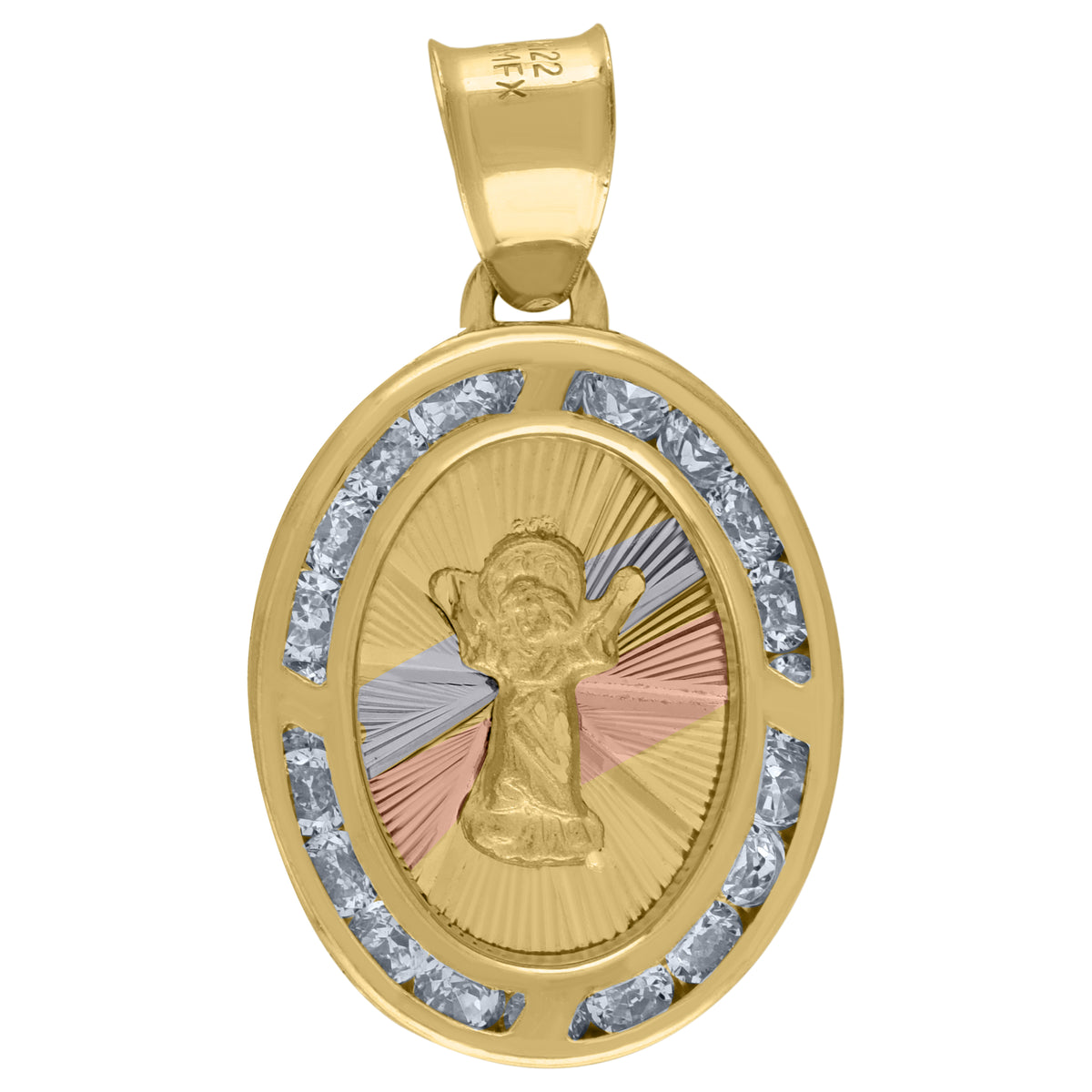 14Kt Tri-Color Gold Unisex Cz Textured Religious Oval Charm Pendant