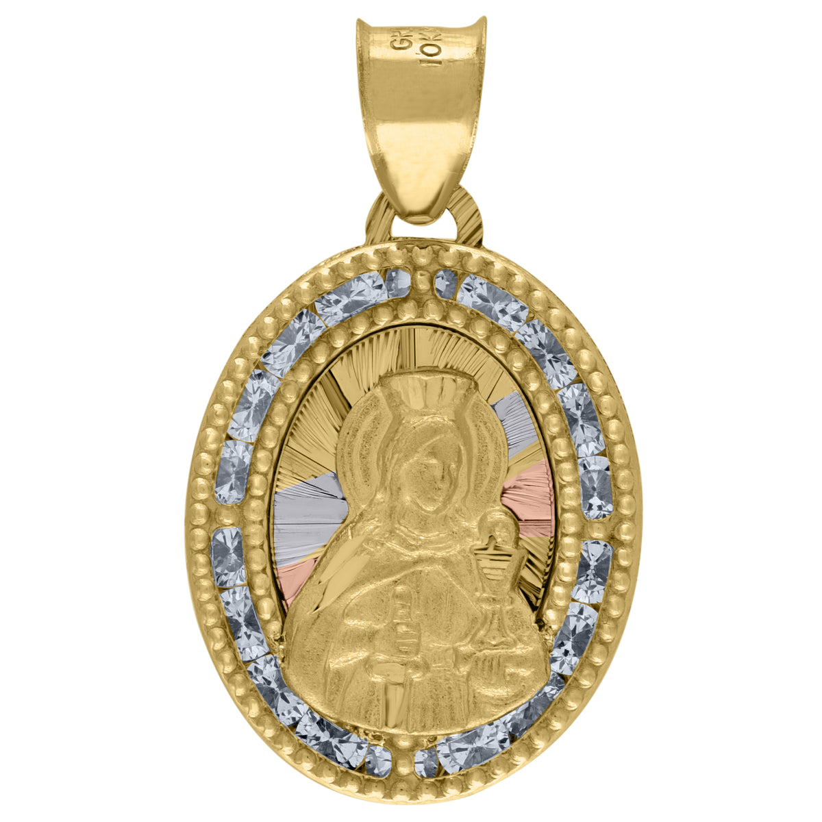 14Kt Tri-Color Gold Unisex Cz Textured Saint Barbara Religious Oval Charm Pendant
