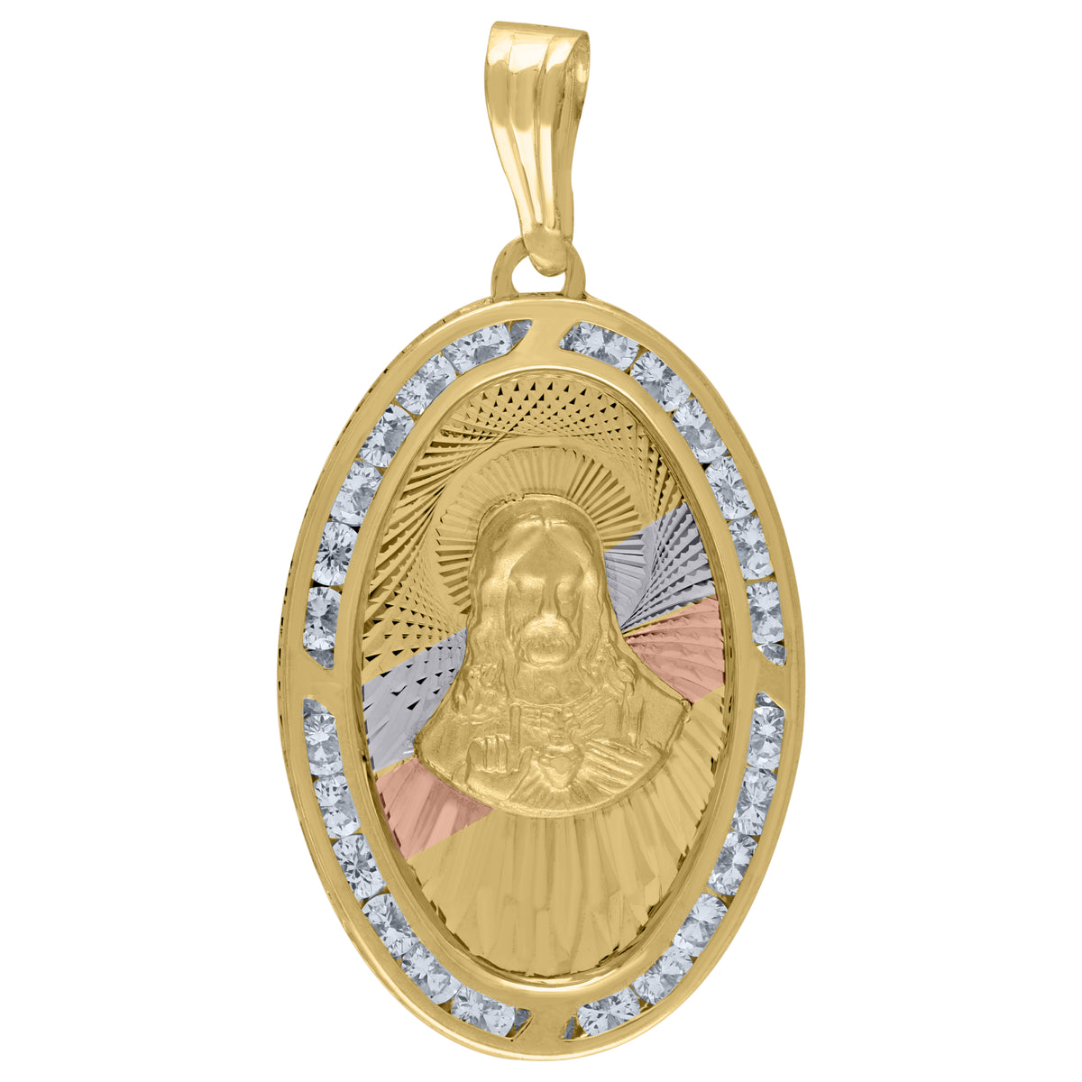 14Kt Tri-Color Gold Unisex Cz Textured Sacred Heart Of Jesus Religious Oval Charm Pendant