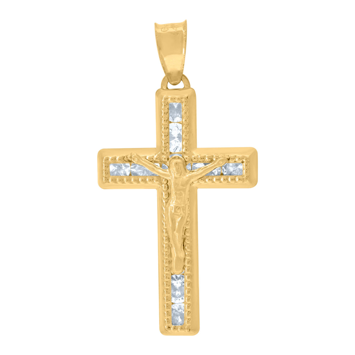 14Kt Yellow Gold Unisex Cubic Zirconia Textured Crucifix Cross Religious Charm Pendant