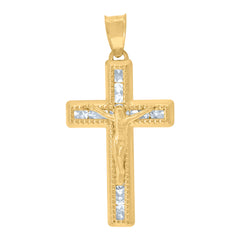 14Kt Yellow Gold Unisex Cubic Zirconia Textured Crucifix Cross Religious Charm Pendant