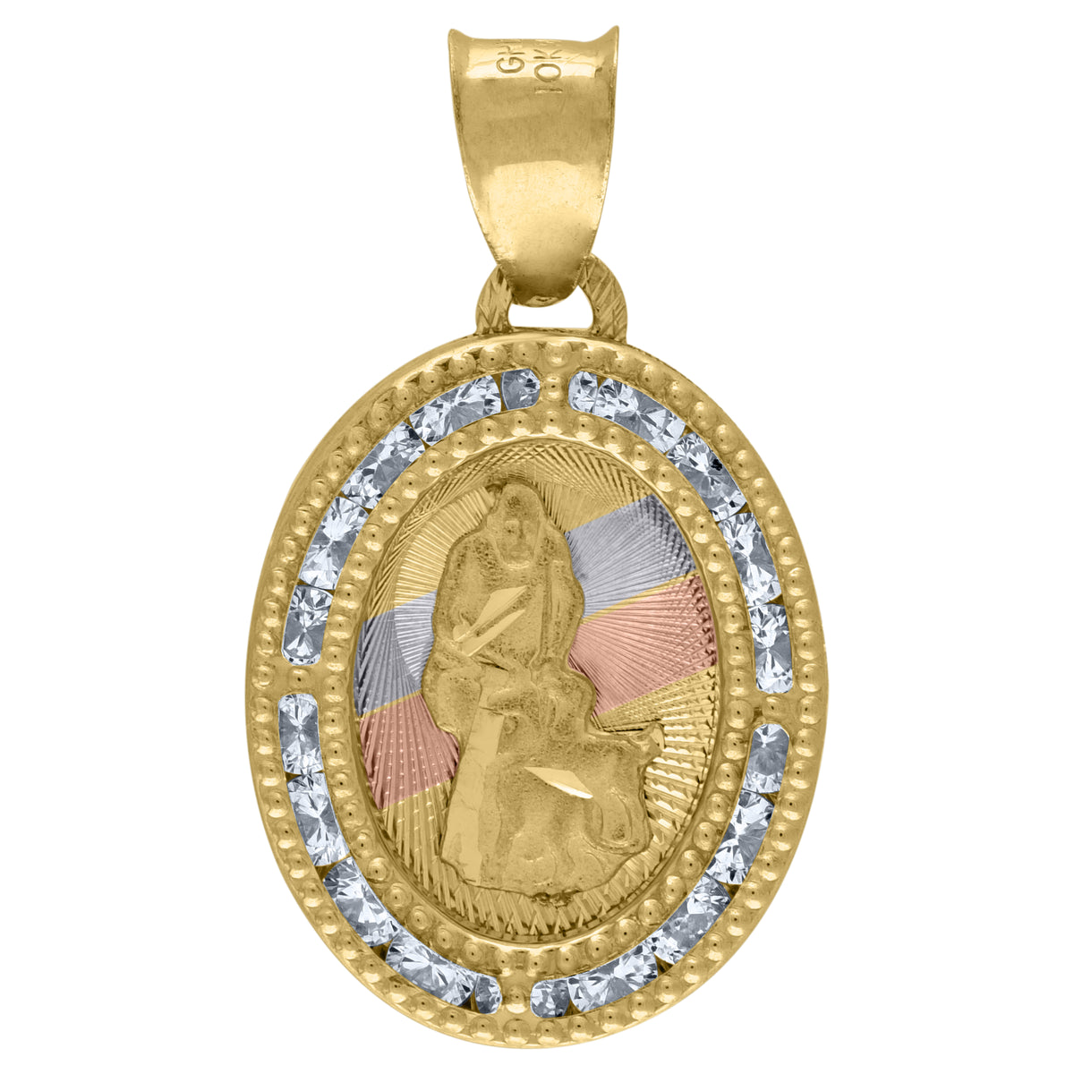 14Kt Tri-Color Gold Unisex Cz Textured Saint Lazarus Religious Charm Pendant