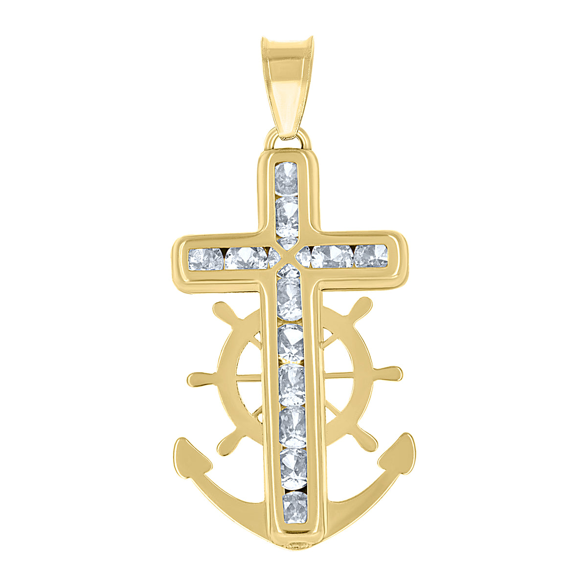 14Kt Yellow Gold Unisex Cz Anchor Cross Religious Charm Pendant
