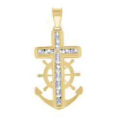 14Kt Yellow Gold Unisex Cz Anchor Cross Religious Charm Pendant