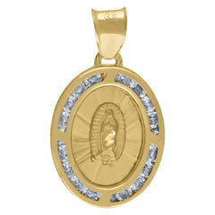 14Kt Yellow Gold Unisex Cz Textured Lady Of Guadalupe Religious Oval Charm Pendant