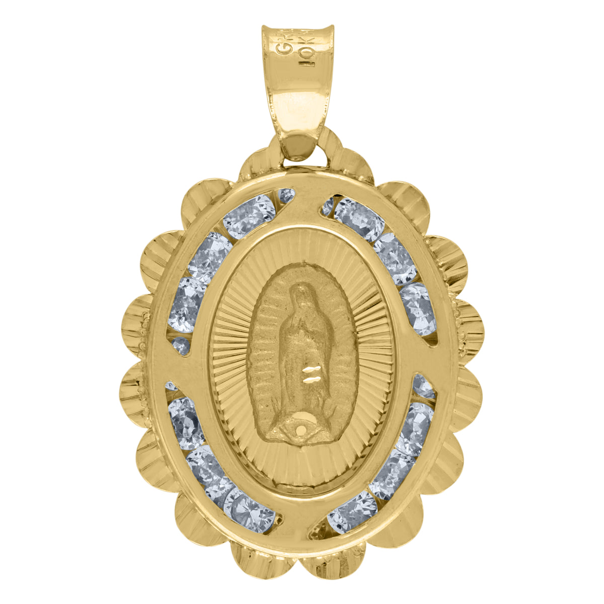 14Kt Yellow Gold Unisex Cz Textured Lady Of Guadalupe Religious Oval Charm Pendant