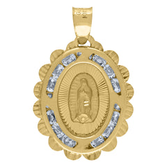 14Kt Yellow Gold Unisex Cz Textured Lady Of Guadalupe Religious Oval Charm Pendant