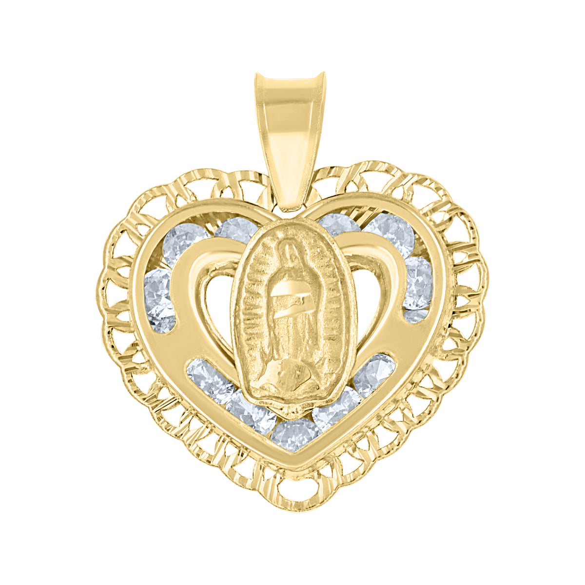 14Kt Yellow Gold Womens Cz Textured Lady Of Guadalupe Religious Heart Shaped Charm Pendant