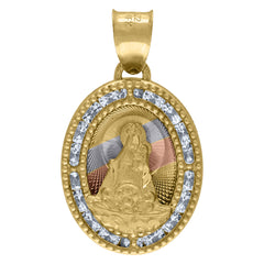 14Kt Tri-Color Gold Unisex Cz Textured Saint Barbara Religious Oval Charm Pendant