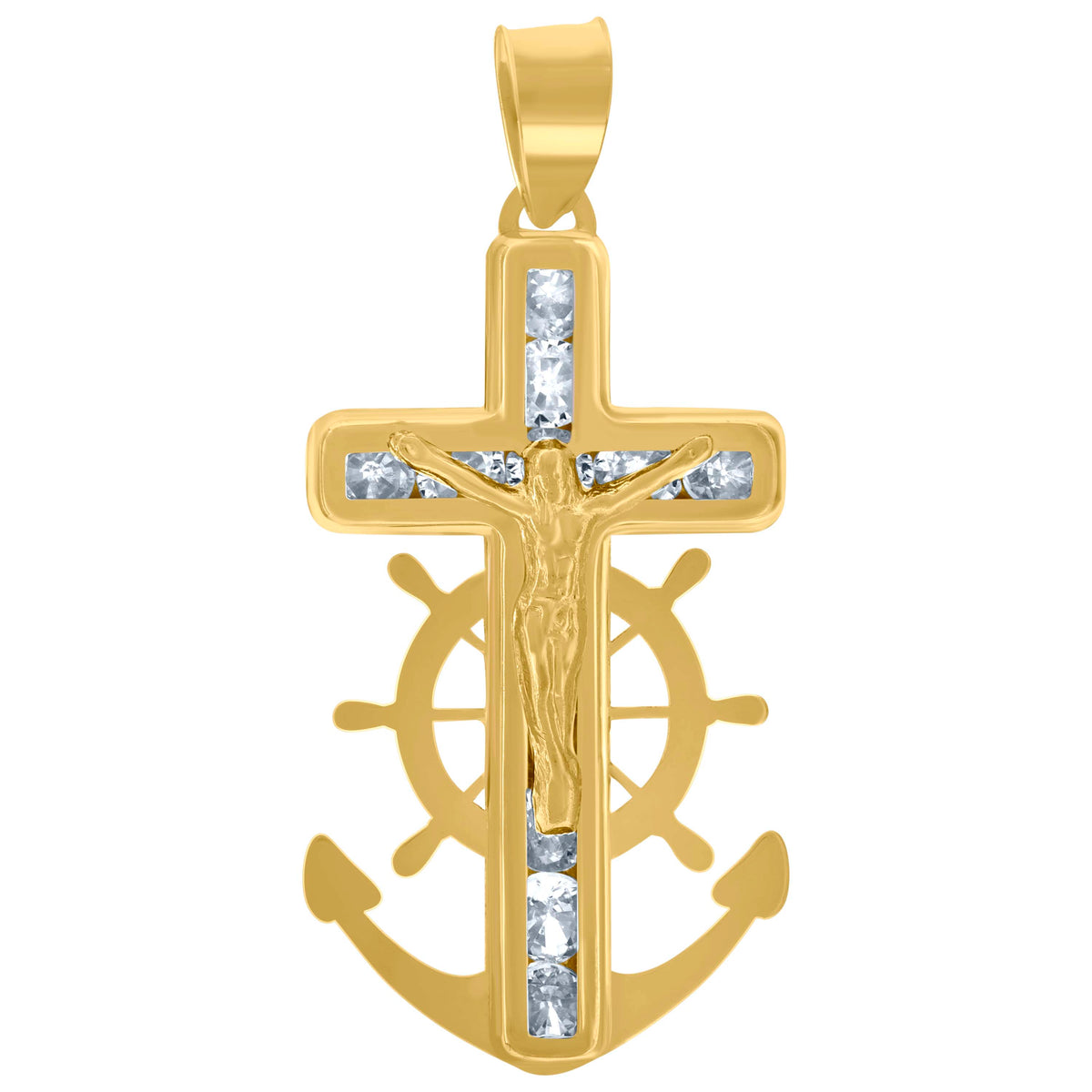 10kt Yellow Gold Unisex Cubic-Zirconia Polished Finish Crucifix Anchor Religious Charm Pendant