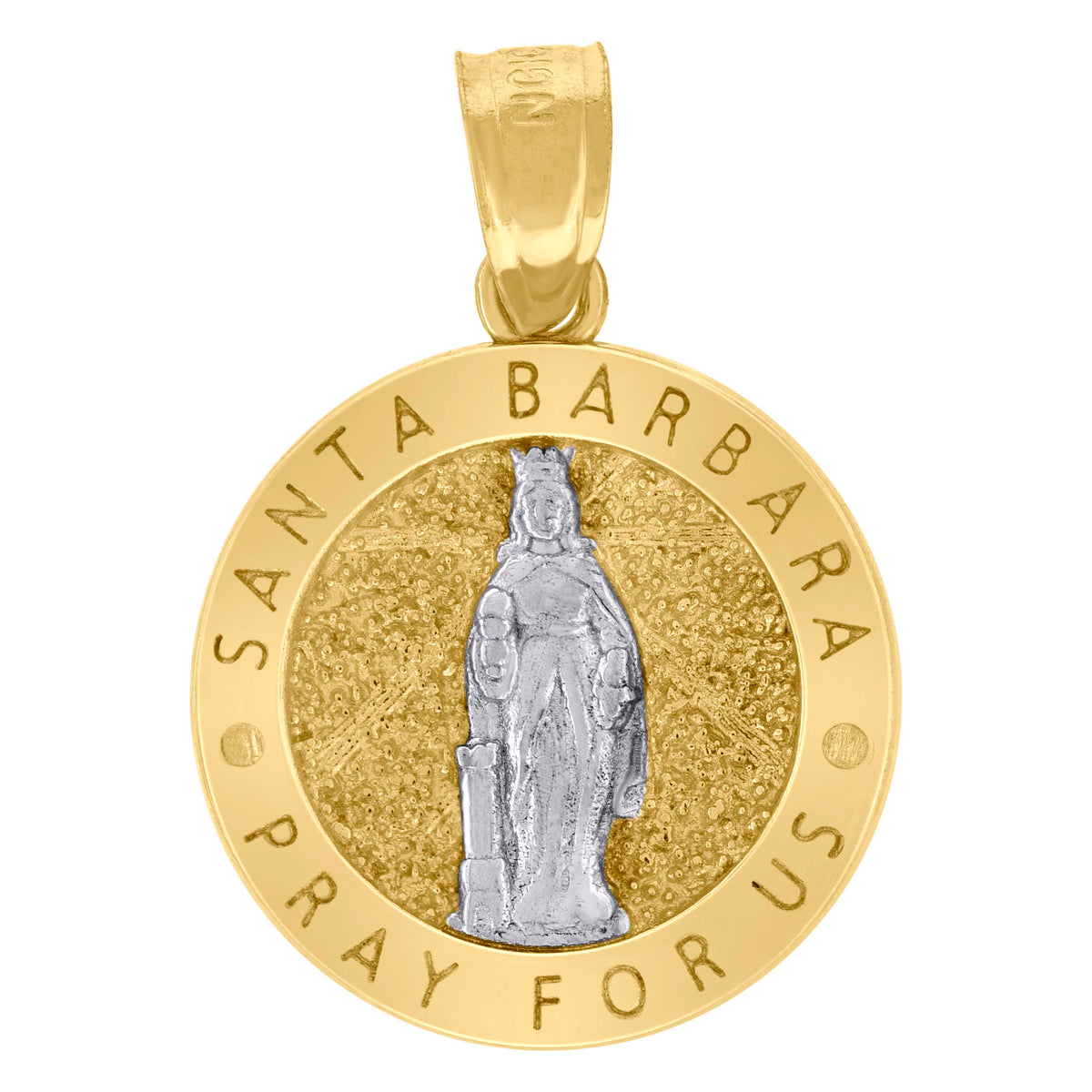 10kt Two-Tone Gold Unisex Textured Santa Barbara Pray For Us Religious Charm Pendant