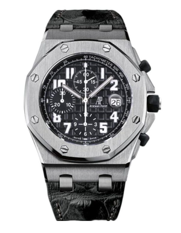 Audemars Piguet 42mm Royal Oak Offshore Black Dial Black Leather Strap Watch 26170ST