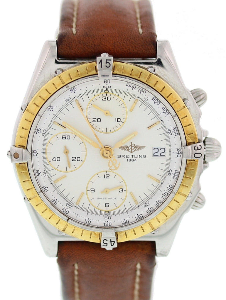 Breitling Chronomat 40.5mm 2T 18K YG-SS Silver Dial Brown Leather Strap Watch B13047