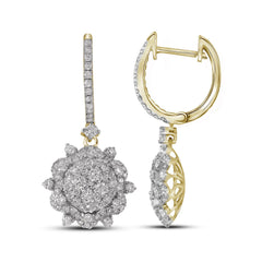 14kt Yellow Gold Womens Round Diamond Starburst Cluster Dangle Hoop Earrings 2-1/4 Cttw