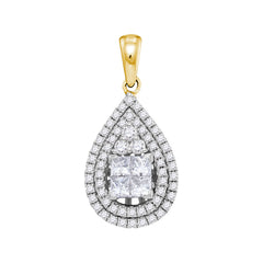 14kt Yellow Gold Womens Princess Diamond Teardrop Cluster Pendant 1.00 Cttw