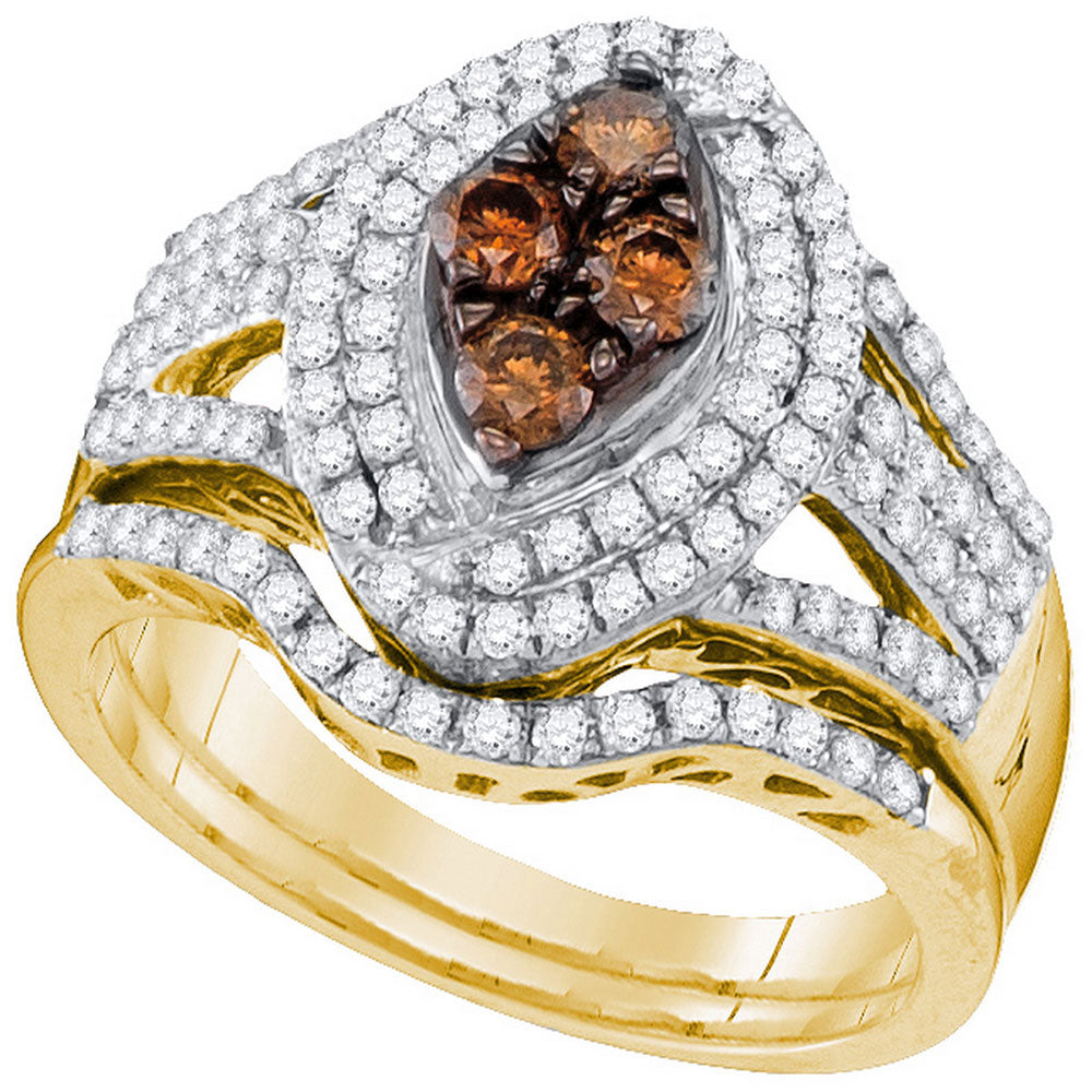 10kt Yellow Gold Womens Round Brown Diamond Bridal Wedding Engagement Ring Band Set 1.00 Cttw