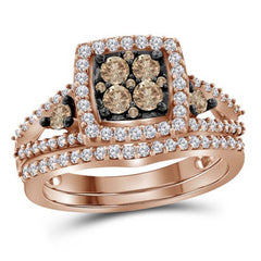 10kt Rose Gold Womens Round Brown Diamond Bridal Wedding Engagement Ring Band Set 1.00 Cttw