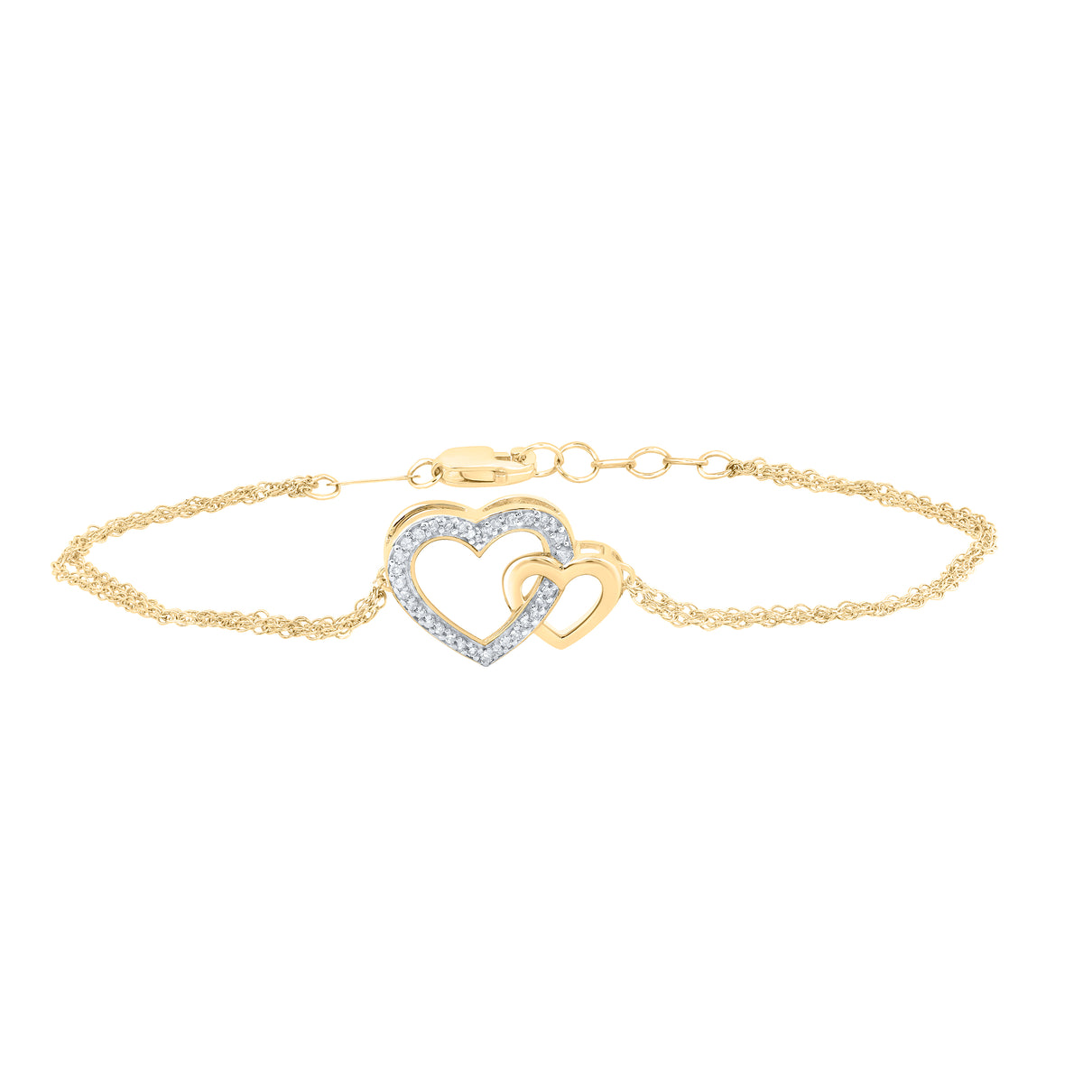 10K Yellow Gold Womens Round Natural Diamond Double Heart Bracelet 1/10 CTW 1.98 Gram
