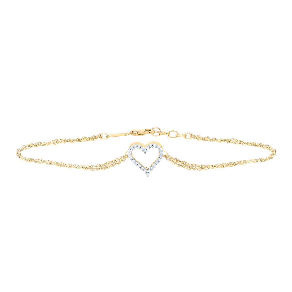 10K Yellow Gold Womens Round Natural Diamond Heart Bracelet 1/8 CTW 1.38 Gram