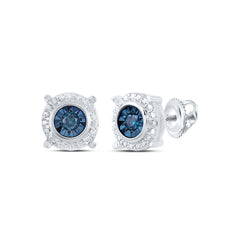 Sterling Silver Womens Round Blue Color Enhanced Diamond Stud Earrings 1/10 Cttw