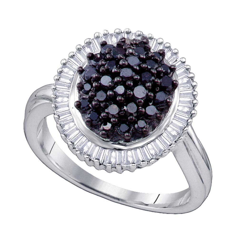 Sterling Silver Womens Round Black Color Enhanced Diamond Cluster Oval Ring 1.00 Cttw