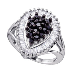 Sterling Silver Black Color Enhanced Round Baguette Diamond Womens Teardrop-shape Cocktail Ring 1.00 Cttw