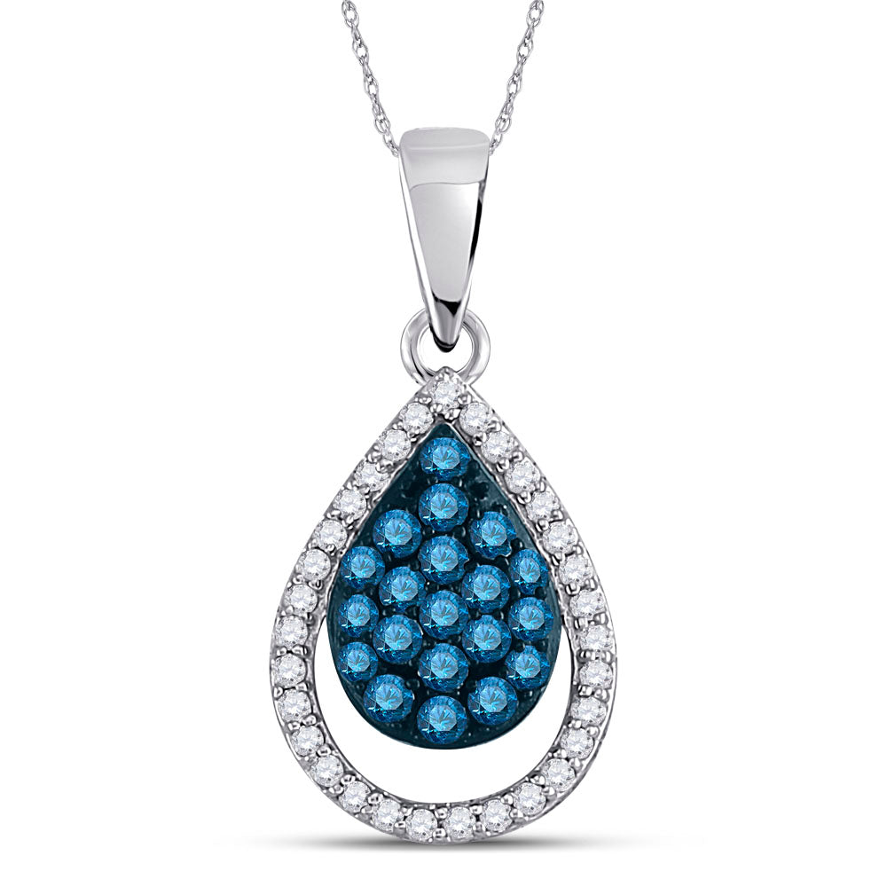 10kt White Gold Womens Color Enhanced Blue Diamond Teardrop Fashion Pendant 1/2 Cttw