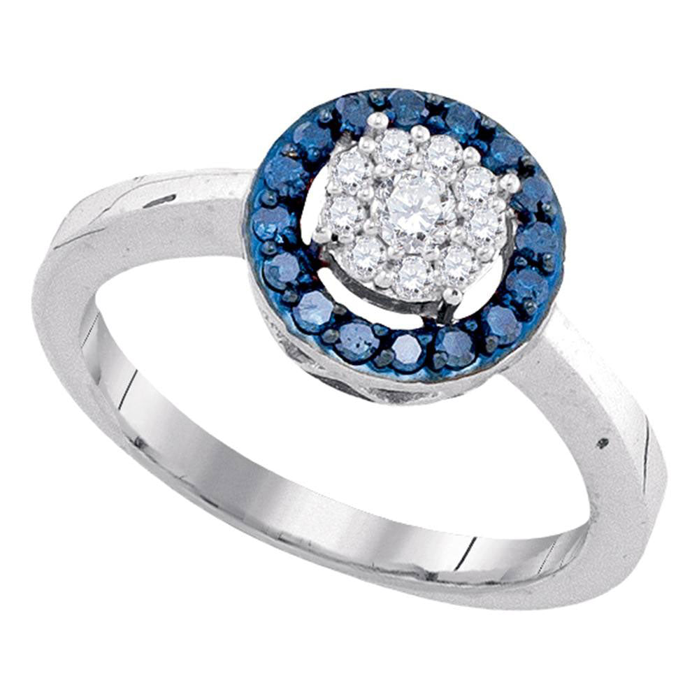 10kt White Gold Womens Round Blue Color Enhanced Diamond Flower Cluster Ring 3/8 Cttw