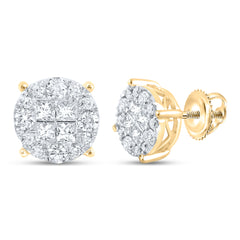 14kt Yellow Gold Womens Princess Round Diamond Cluster Earrings 1.00 Cttw
